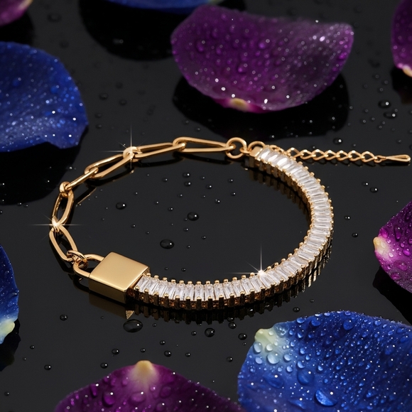 πModern Padlock Zircon Baguette Dainty Bracelet 18K Gold Plated Stainless Steel - Picture 6 of 10